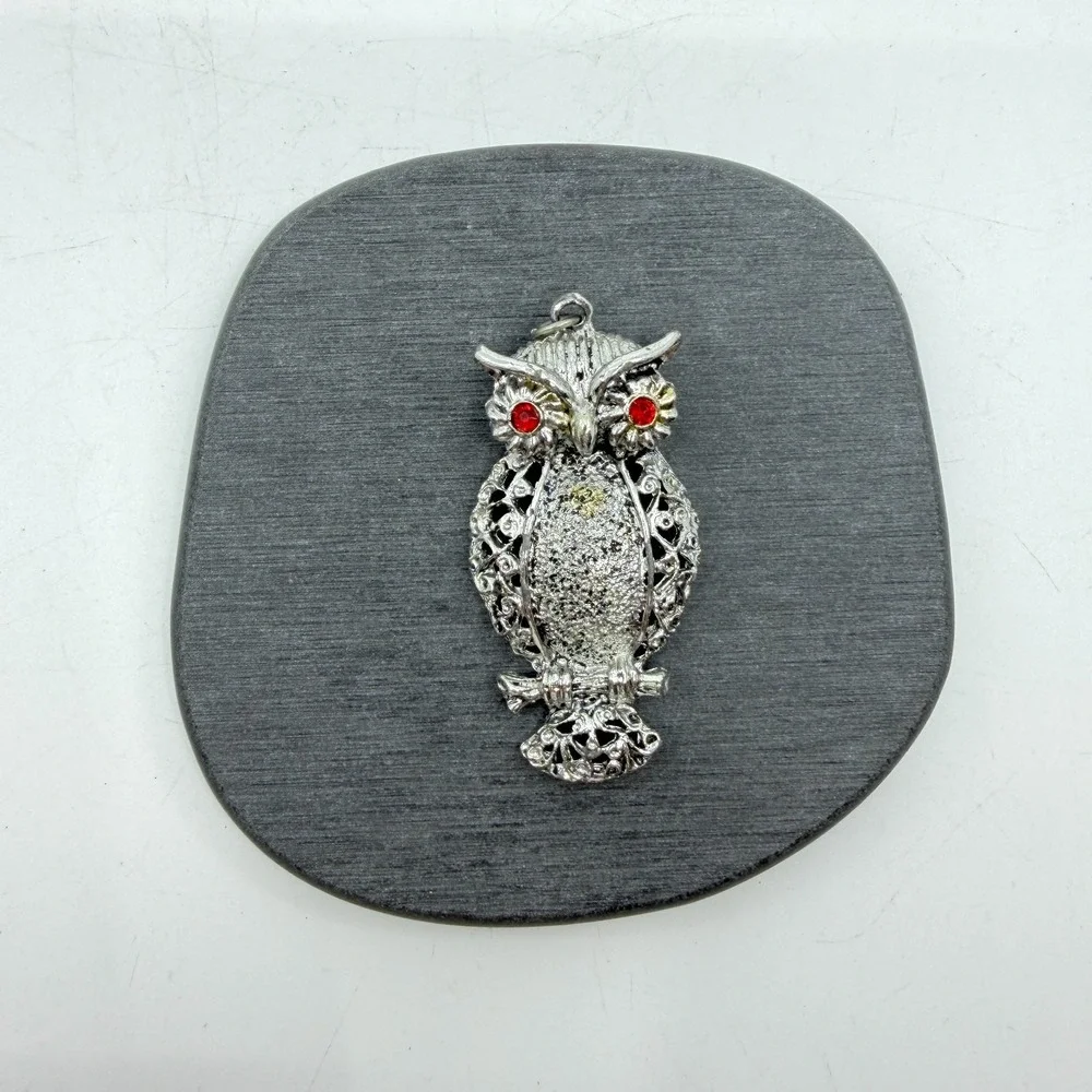Silver Tone Red Rhinestone Eye Owl Pendant Gothic Halloween Statement Jewelry